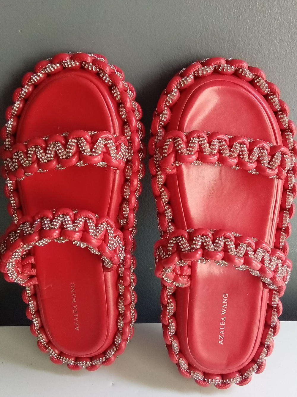 Azalea Wang Parrin Red Rhinestone Braided Platform Slides Sandals Size 10